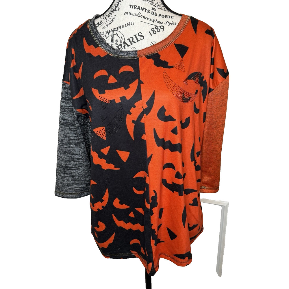 Onque Women’s Halloween/Pumpkin Top Size Large Orange & Black